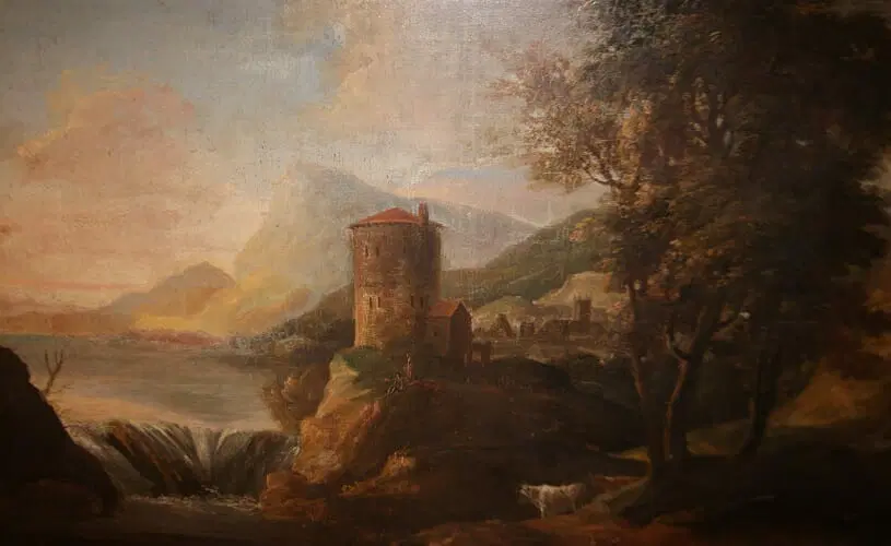 Antico olio su tela paesaggio italiano del 1700 con personaggi cascata e cittadina - immagine 2