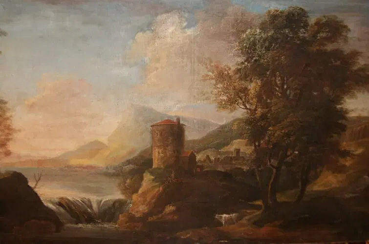 Antico olio su tela paesaggio italiano del 1700 con personaggi cascata e cittadina