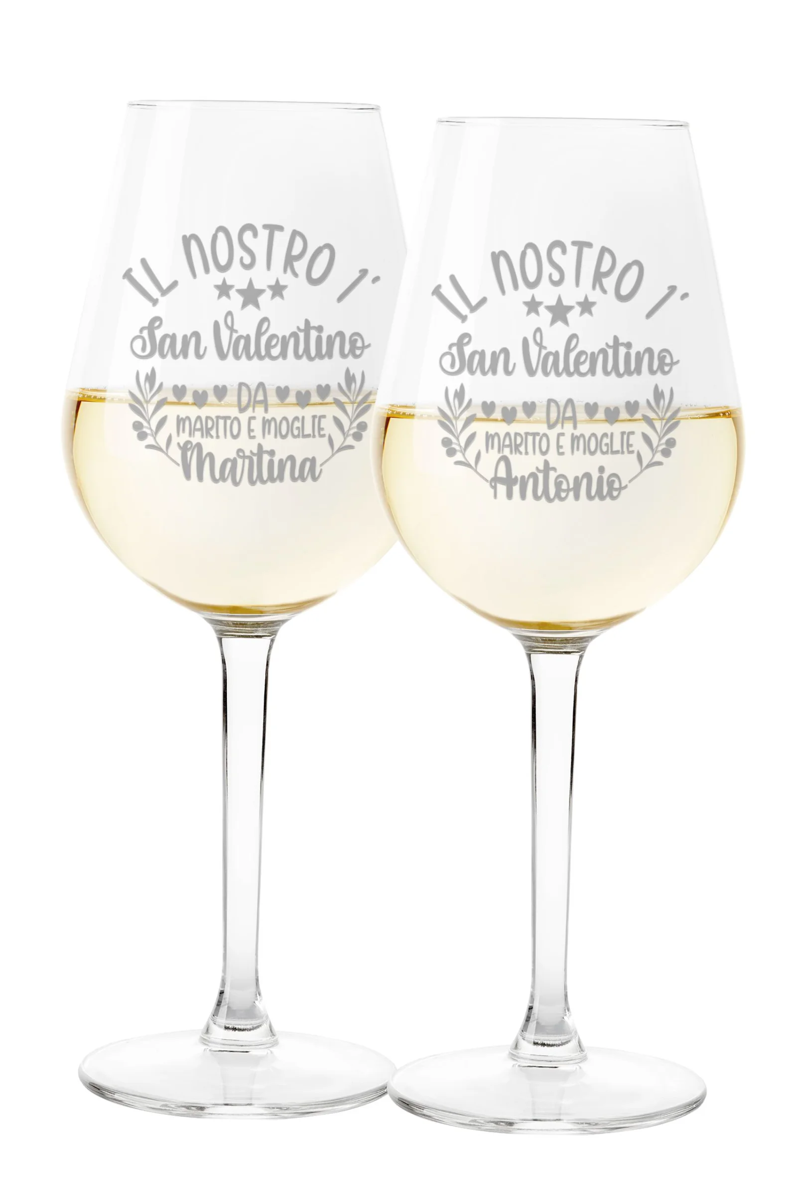 Coppia Calici Vino Personalizzabili con nome SanValentino Il nostro 1° San Valentino da Marito e Moglie Innamorati Love 50cl
