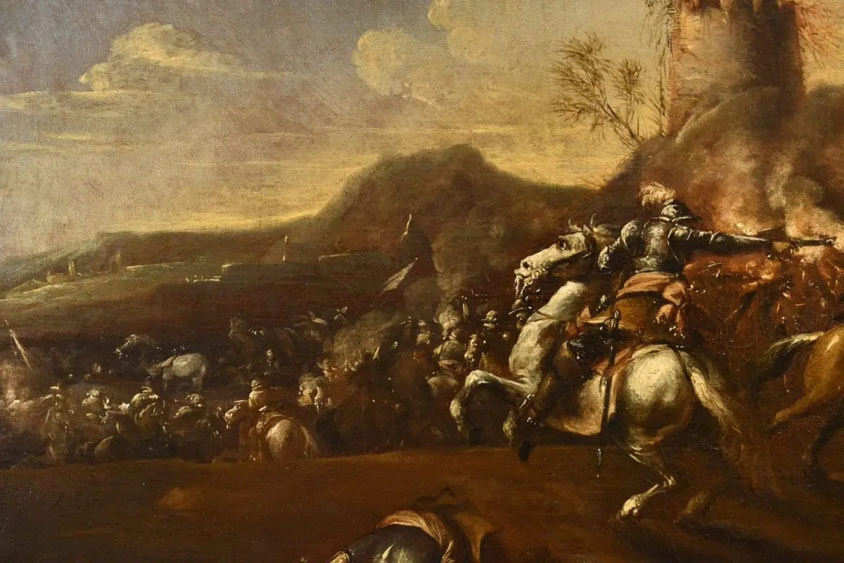 Battaglia con scontro tra cavalieri, Francesco Graziani ‘Ciccio Napoletano’ (attivo a Napoli e a Roma nella seconda metà del XVII secolo) - immagine 5