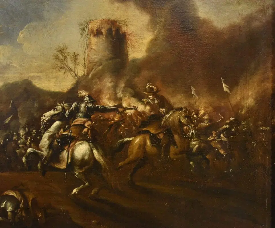 Battaglia con scontro tra cavalieri, Francesco Graziani ‘Ciccio Napoletano’ (attivo a Napoli e a Roma nella seconda metà del XVII secolo) - immagine 8