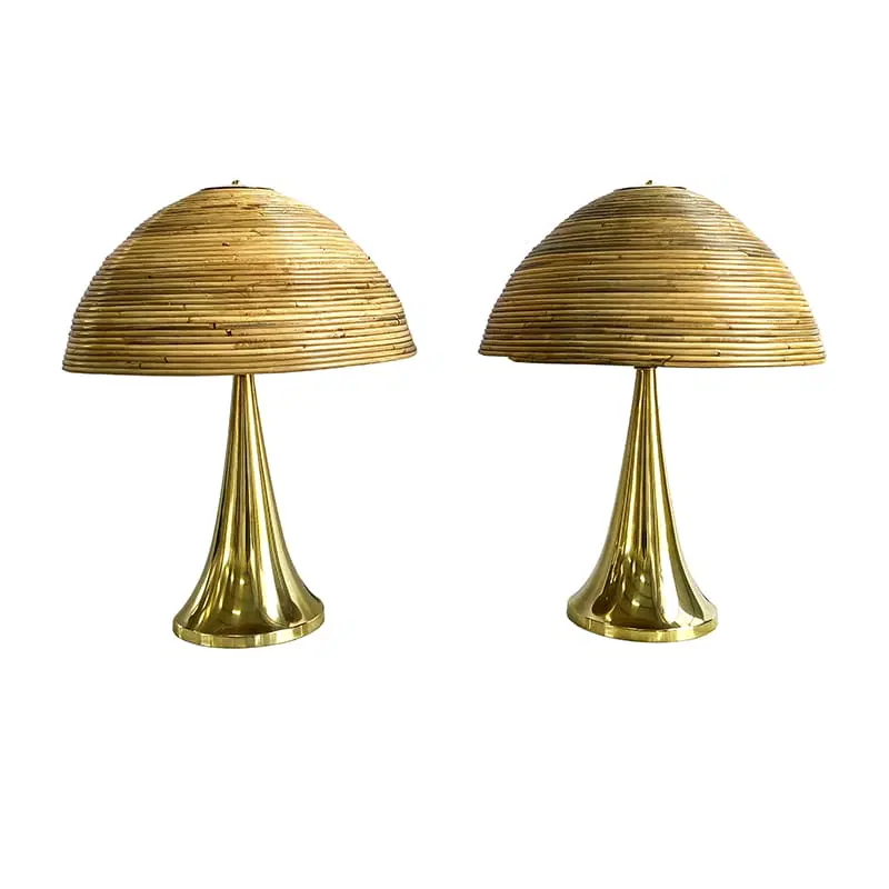 Coppia di lampade da tavolo in ottone lucido e diffusore in bambù – XX secolo I-0083