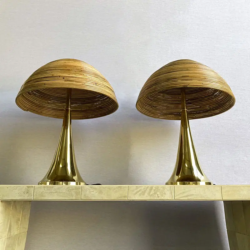 Coppia di lampade da tavolo in ottone lucido e diffusore in bambù – XX secolo I-0083 - immagine 3
