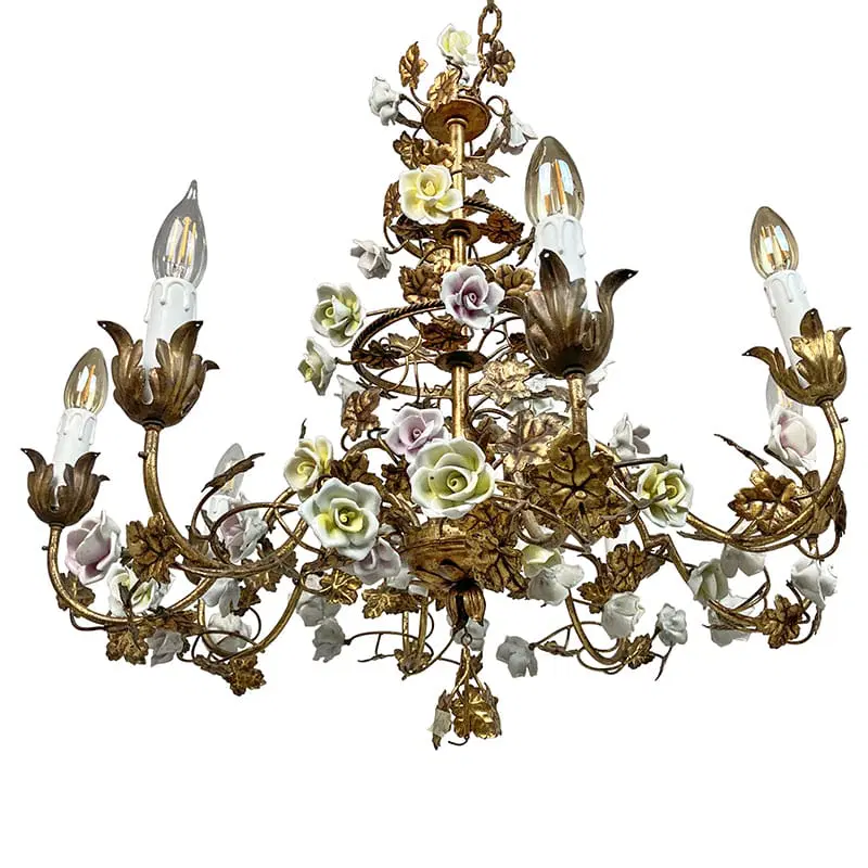 Lampadario in metallo dorato con roselline in porcellana – Primi ‘900 - immagine 2