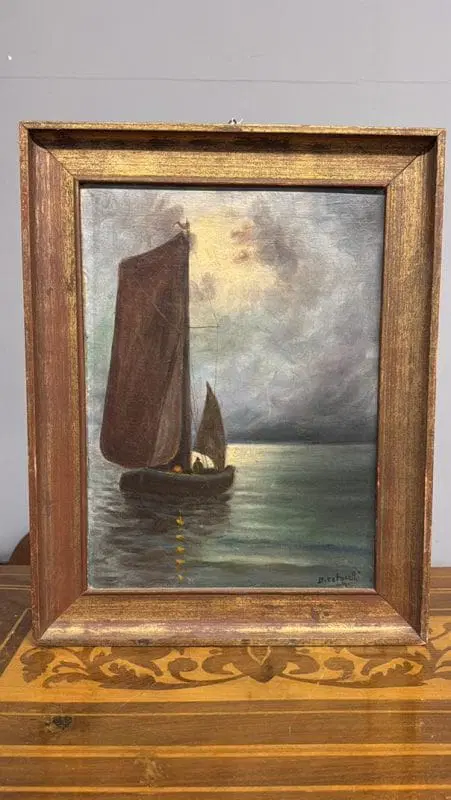 Antico dipinto olio. Marina 1930, firmato Cetorelli, - immagine 3