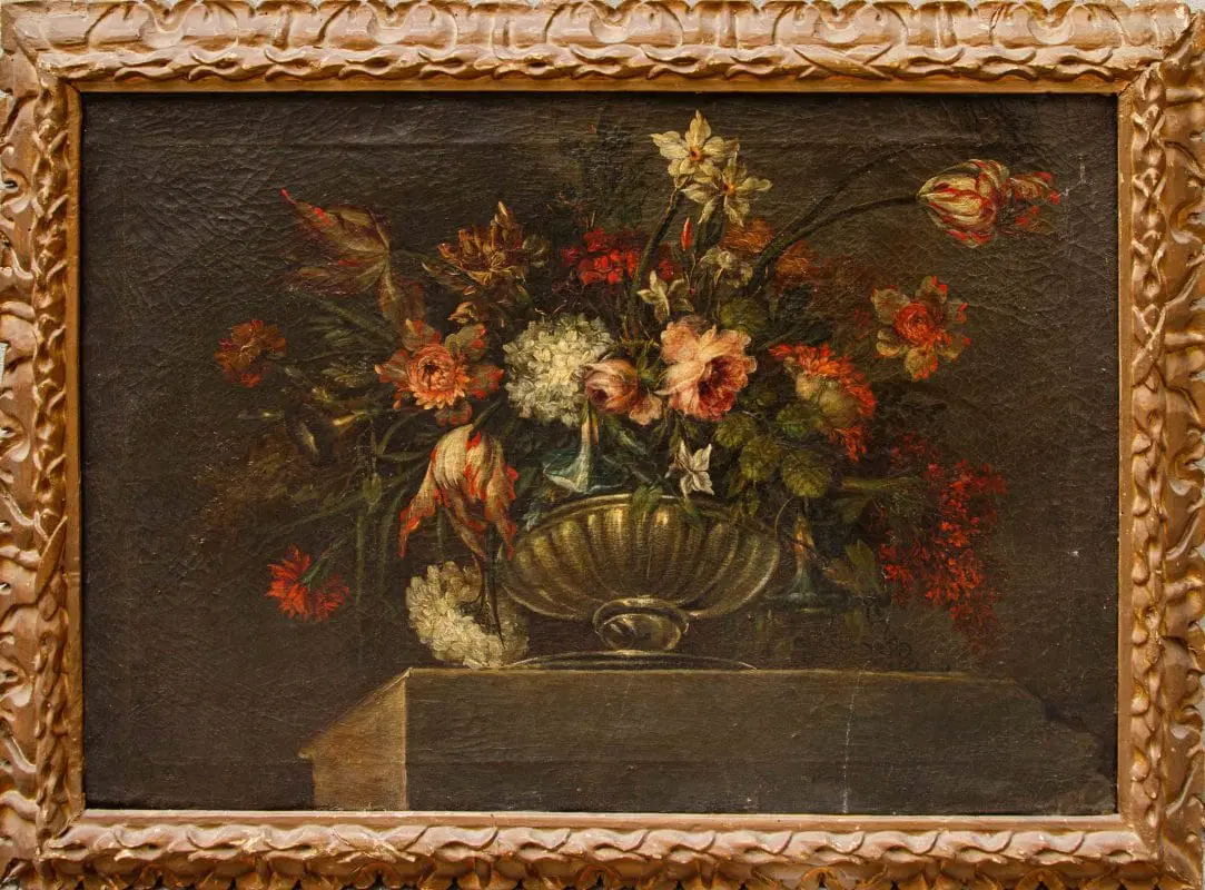 Scuola napoletana, XVIII secolo, Vaso di fiori su base in marmo