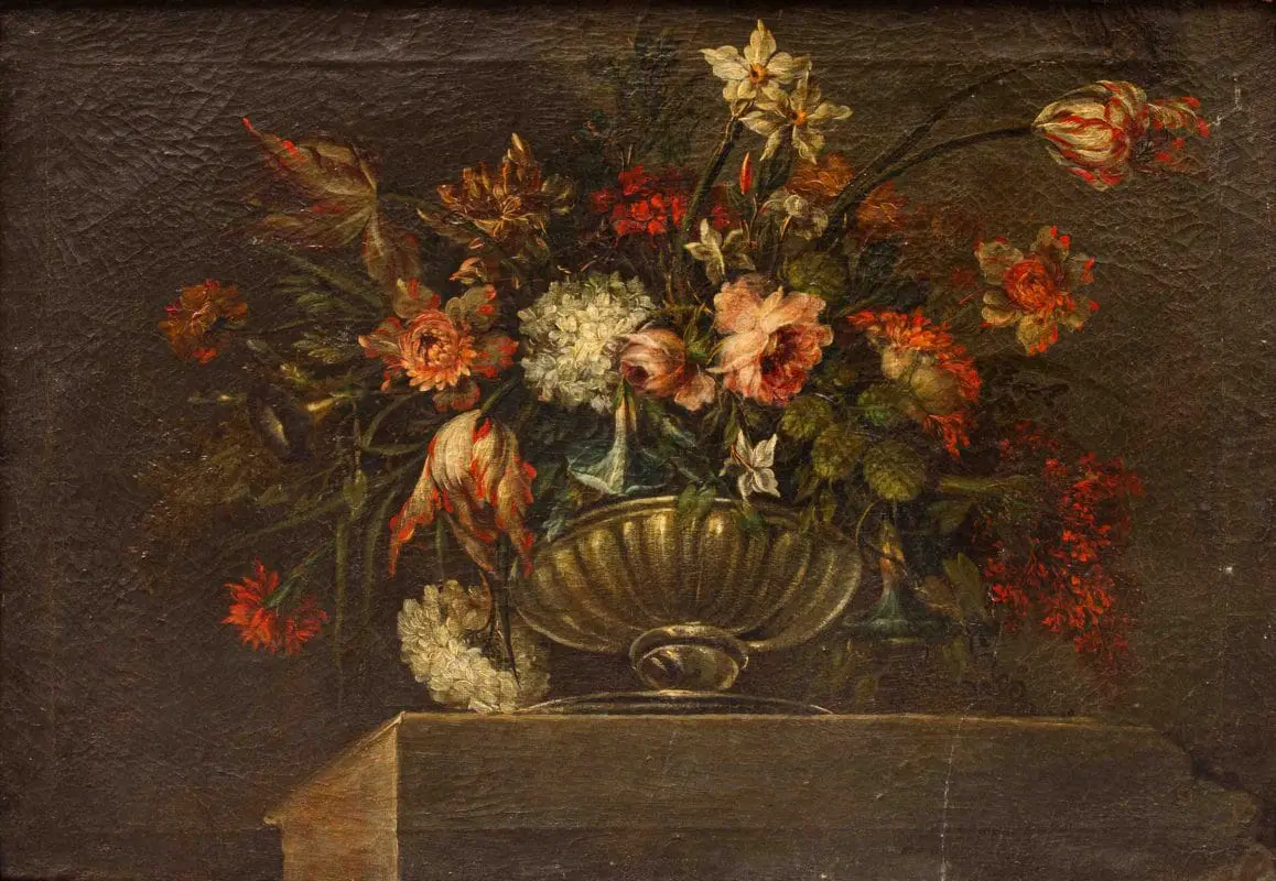 Scuola napoletana, XVIII secolo, Vaso di fiori su base in marmo - immagine 2