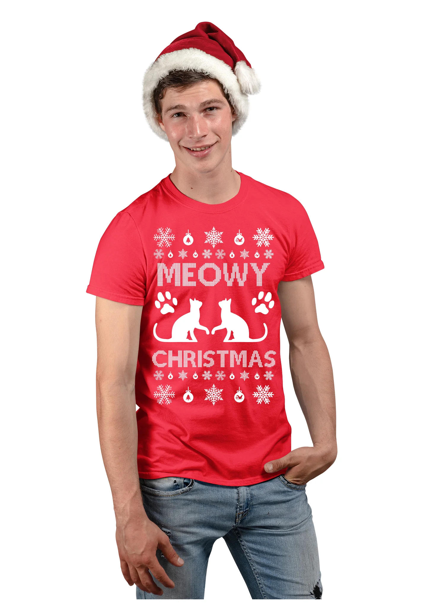 Maglietta Natale Uomo Natalizia Meowy Christmas – Tema Natalizio – Regalo di Natale – t-Shirt Divertente – Idea Regalo Natale