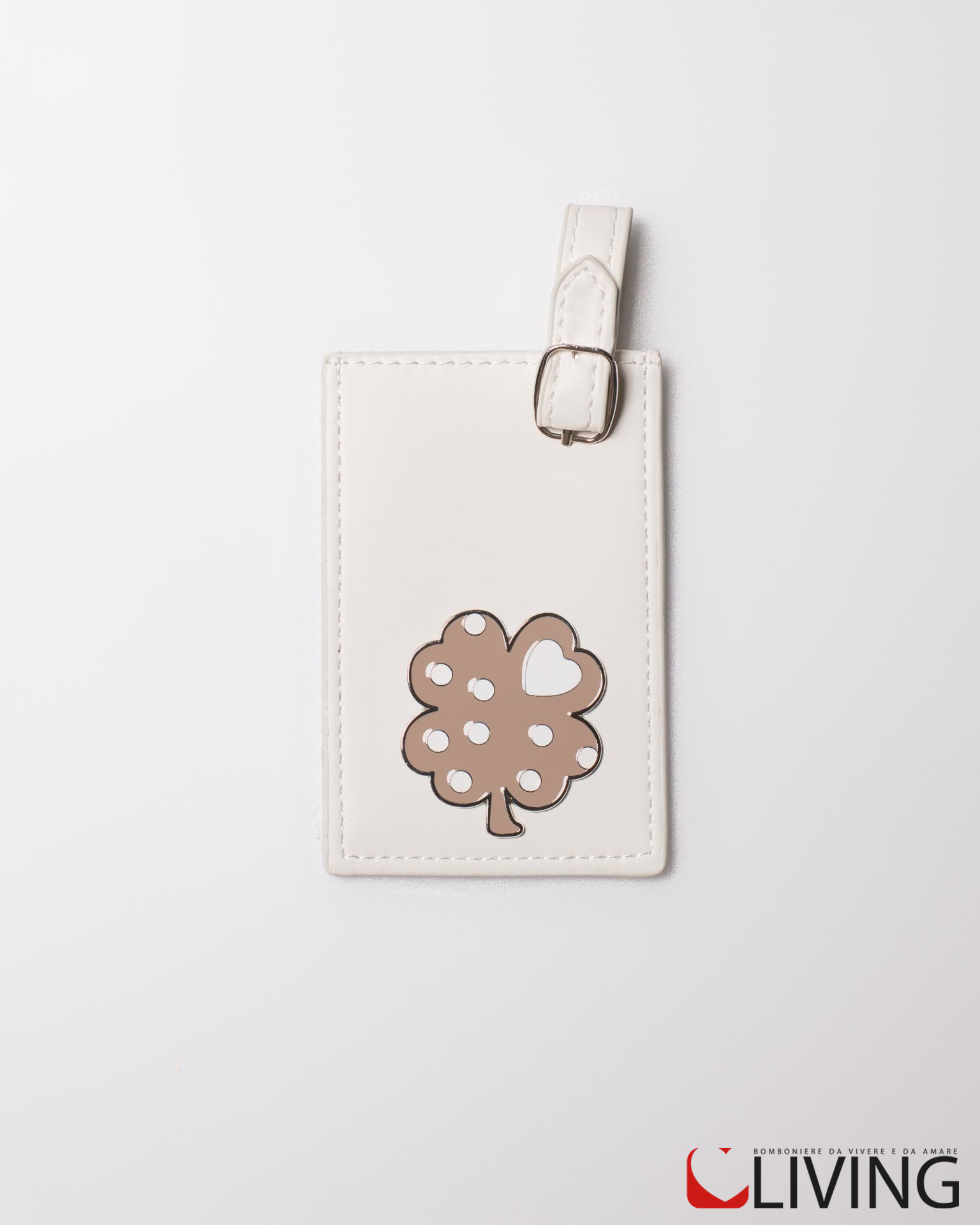 Bomboniera tag valigia quadrifoglio beige